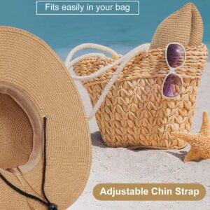 Womens Sun Hat Wide Brim Foldable Beach Hats for Women UV Protection Summer Straw Hat with Wind Lanyard Khaki