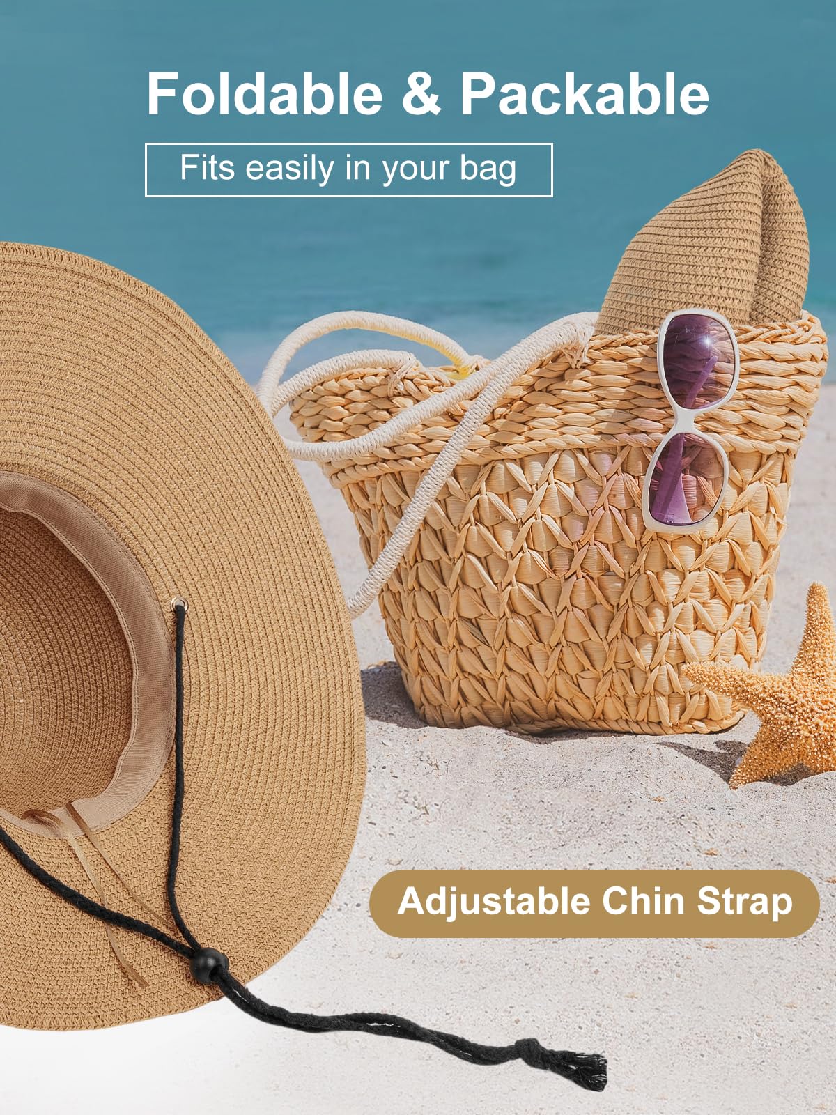 Womens Sun Hat Wide Brim Foldable Beach Hats for Women UV Protection Summer Straw Hat with Wind Lanyard Khaki