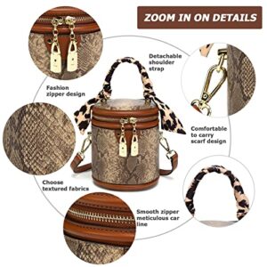 Sweetovo Women Vintage Bucket Handbag Snake Printed Faux Leather Hobo Crossbody Shoulder Bag with Double Metal Zipper