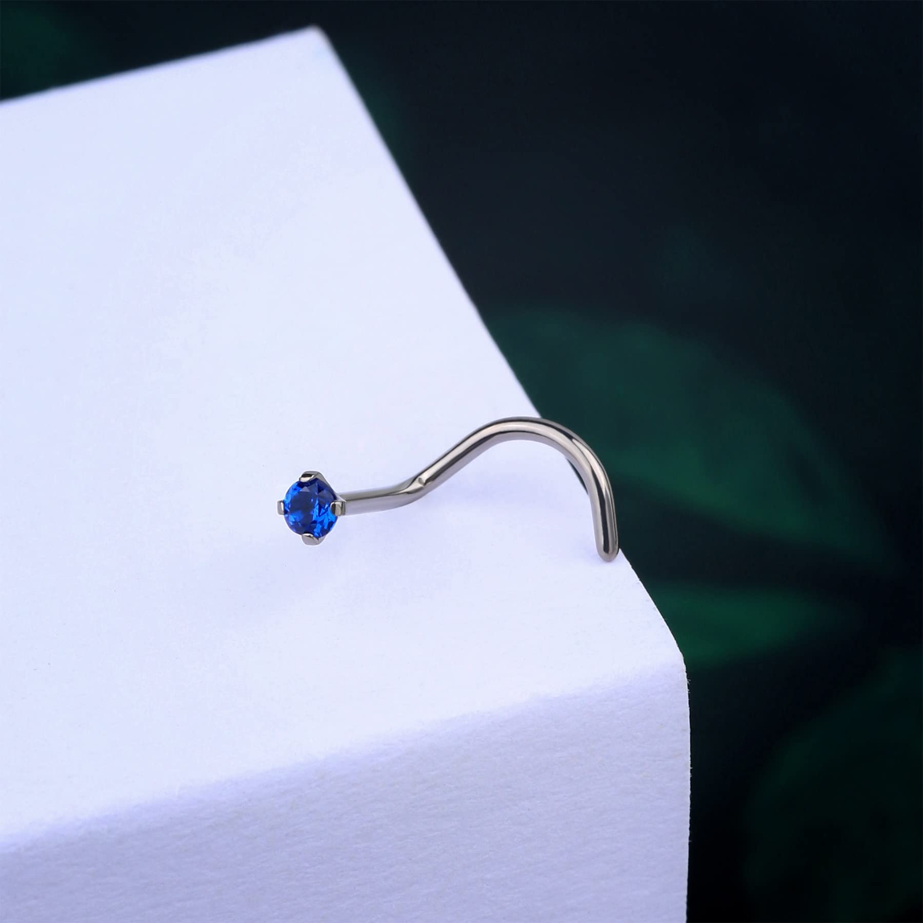 COCHARM 20G G23 Titanium Blue Screw Nose Studs Ring S-Shaped Diamond Cubic Zirconia Nose Bone Piercing Jewelry