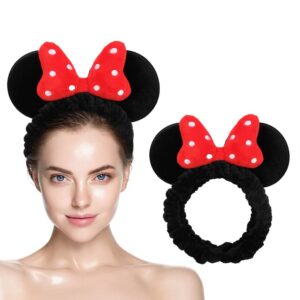 JIAHANG Mouse Ears Facial Spa Headbands, Coral Fleece Wash Face Hair Band, Velvet Bow Shower Hair Band for Girls Women Make up Hair Accessories(Velvet Red Bow)