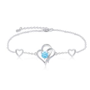 RIVIKO Love Heart Charm Bracelet For Women 925 Sterling Silver With Zirconia Birthstone Bracelets Adjustable Link for Mother Wife Girls Sister Birthday Christmas Mother's Day Jewelry Gift, Sterling