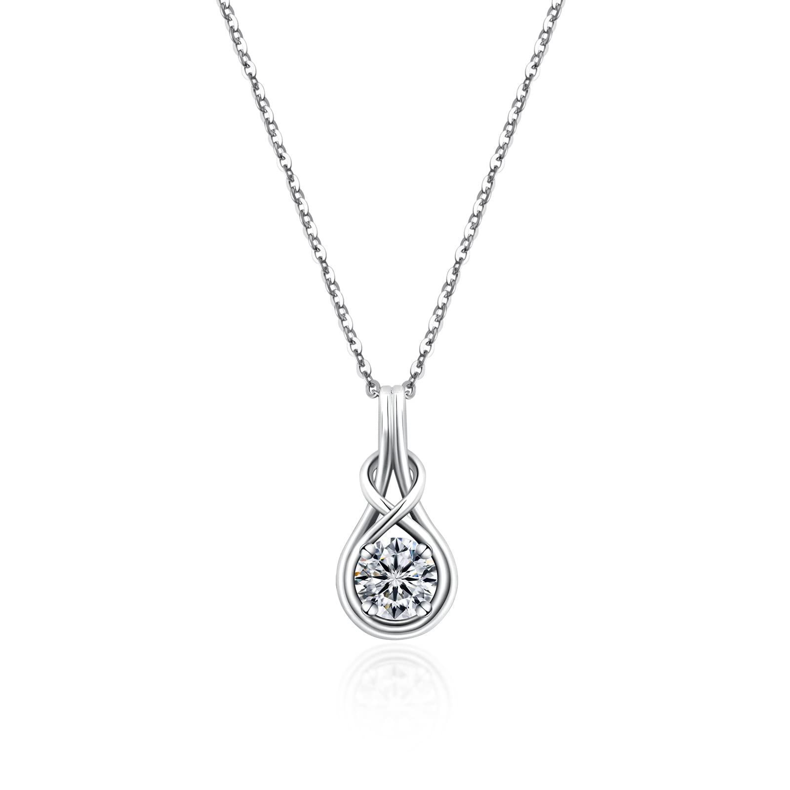 Sterling Silver Moissanite Pendant Necklace:1 Carat Round Cut Moissanite Solitaire Diamond Necklace with White Gold Plated Chain - Trendy Infinity Knot Gem Jewelry for Women