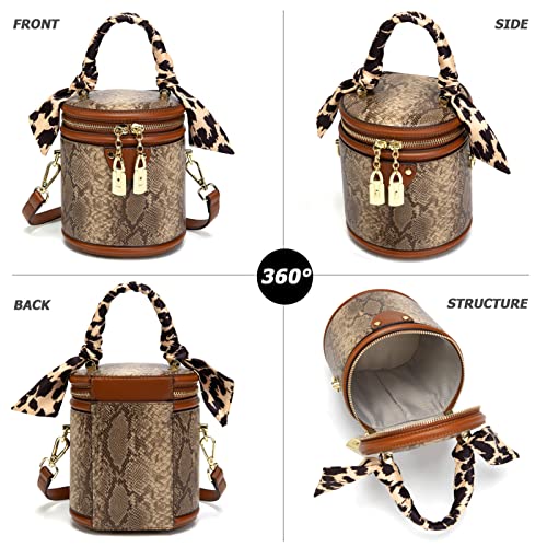 Sweetovo Women Vintage Bucket Handbag Snake Printed Faux Leather Hobo Crossbody Shoulder Bag with Double Metal Zipper