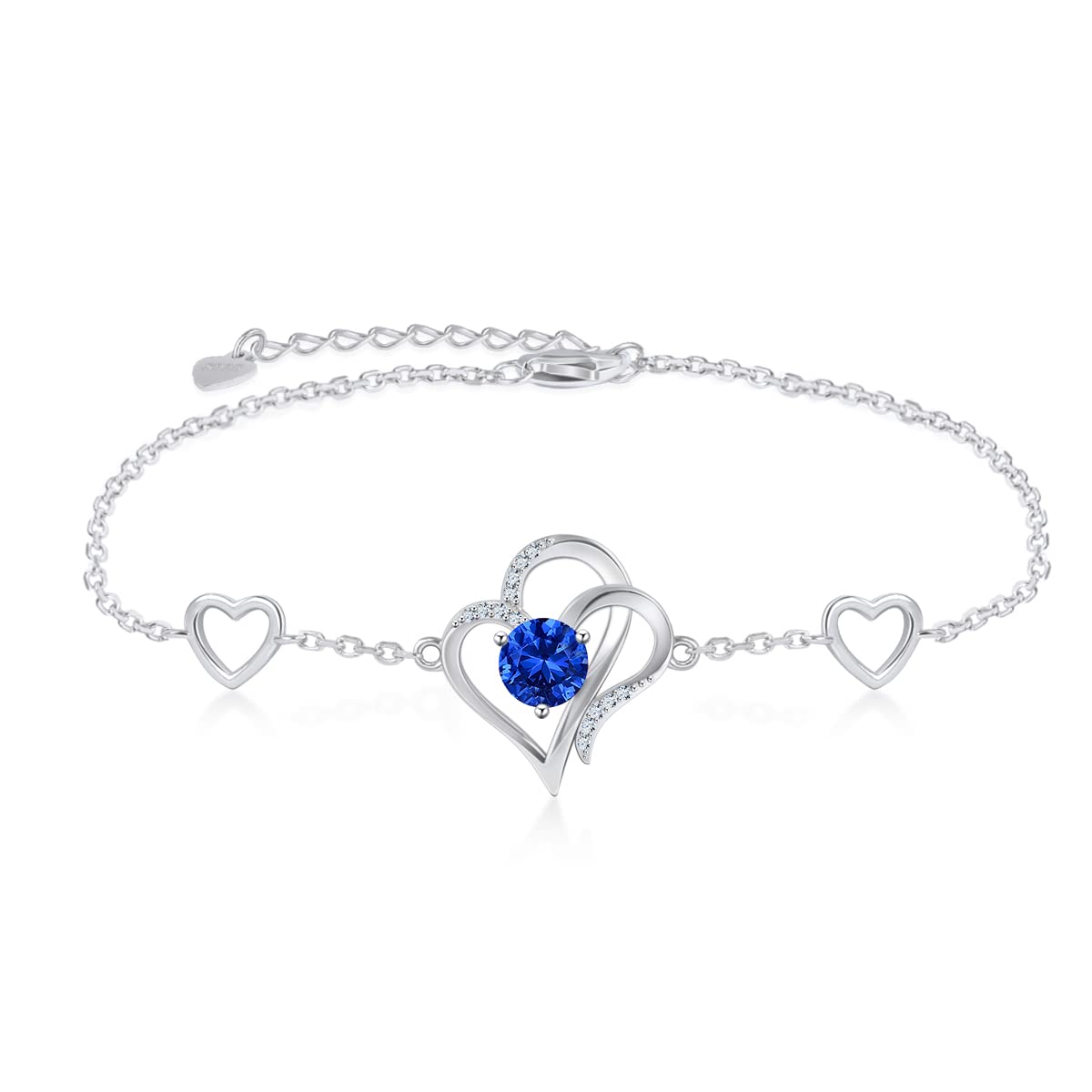 RIVIKO Love Heart Charm Bracelet For Women 925 Sterling Silver With Zirconia Birthstone Bracelets Adjustable Link for Mother Wife Girls Sister Birthday Christmas Mother's Day Jewelry Gift, Sterling