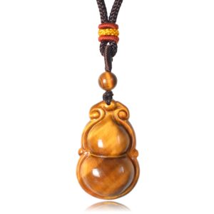 QIANXU Tigers Eye Necklace for Women Men,Genuine Gemstone Engraved Gourd Pendant,Crystal Jewelry adjustable Chain