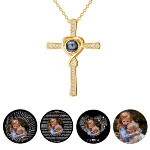 sliacete personalized picture cross projection necklace 925 sterling silver 100 languages projective jewelry memory gifts for women wife mom girlfriend (gold)