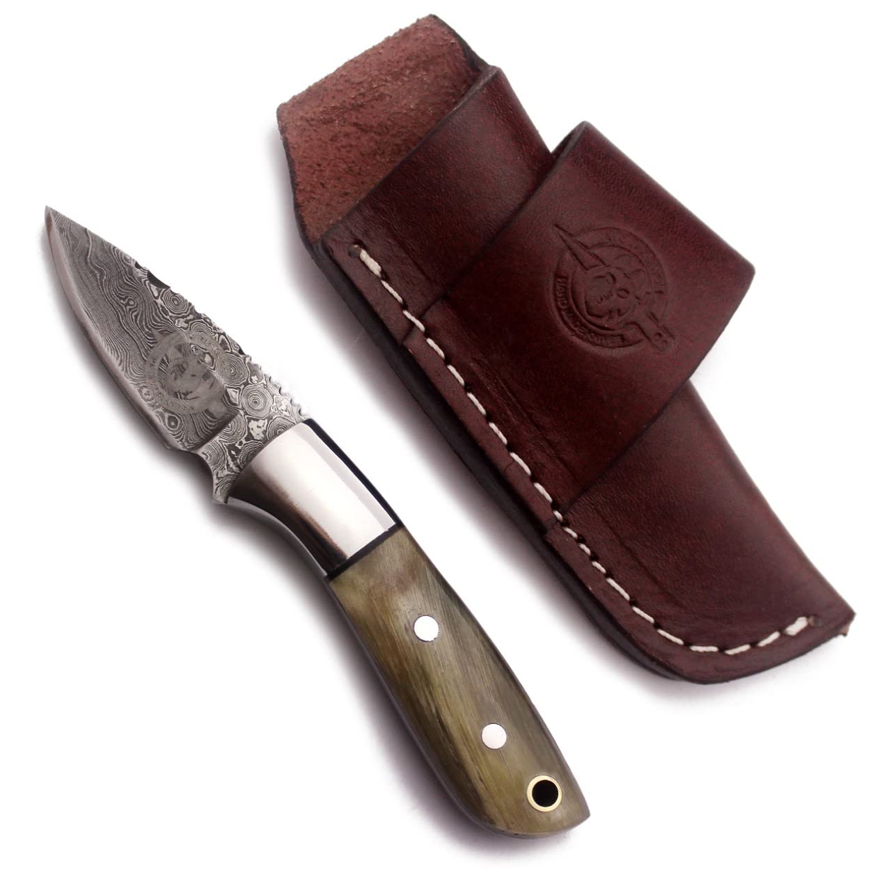 WolfKlinge Handmade Damascus Steel Fixed Blade Small Knife for Edc,Hunting,Survival,Camping,Skinning and Fishing-With Drop Point Blade Full Tang- Bone Handle and Cowhide-Leather Sheath - (BonePoint)