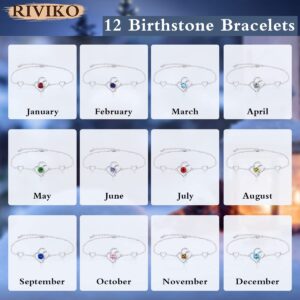 RIVIKO Love Heart Charm Bracelet For Women 925 Sterling Silver With Zirconia Birthstone Bracelets Adjustable Link for Mother Wife Girls Sister Birthday Christmas Mother's Day Jewelry Gift, Sterling