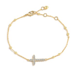 akisseye cross bracelet for women girls cz, 14k gold plated sideways cross bracelet with faith, stainless steel religious cross bracelet length adjustable