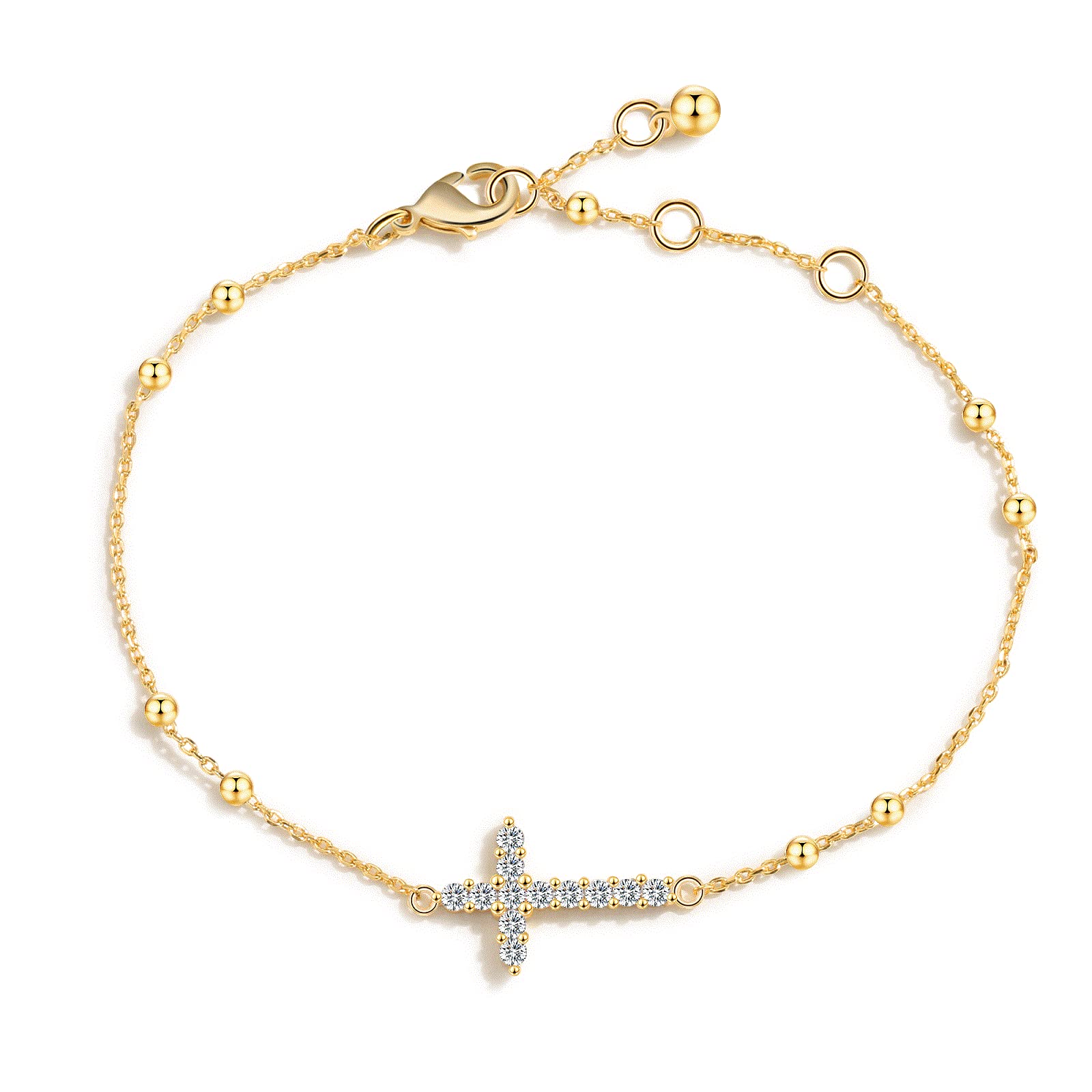 AKISSEYE Cross Bracelet for Women Girls CZ, 14K Gold Plated Sideways Cross Bracelet with Faith, Stainless Steel Religious Cross Bracelet Length Adjustable