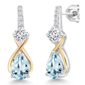 gem stone king 925 sterling silver and 10k yellow gold pear shape sky blue aquamarine white moissanite and white lab grown diamond dangle earrings for women (2.50 cttw, pear shape 8x6mm)