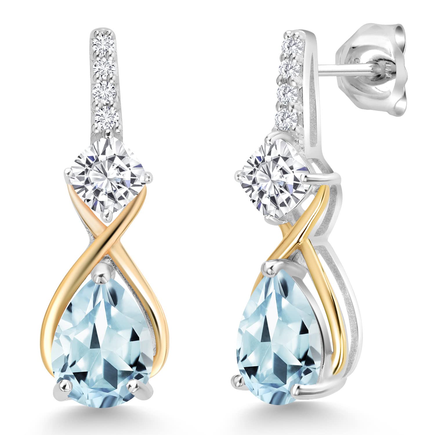 Gem Stone King 925 Sterling Silver and 10K Yellow Gold Pear Shape Sky Blue Aquamarine White Moissanite and White Lab Grown Diamond Dangle Earrings For Women (2.50 Cttw, Pear Shape 8X6MM)