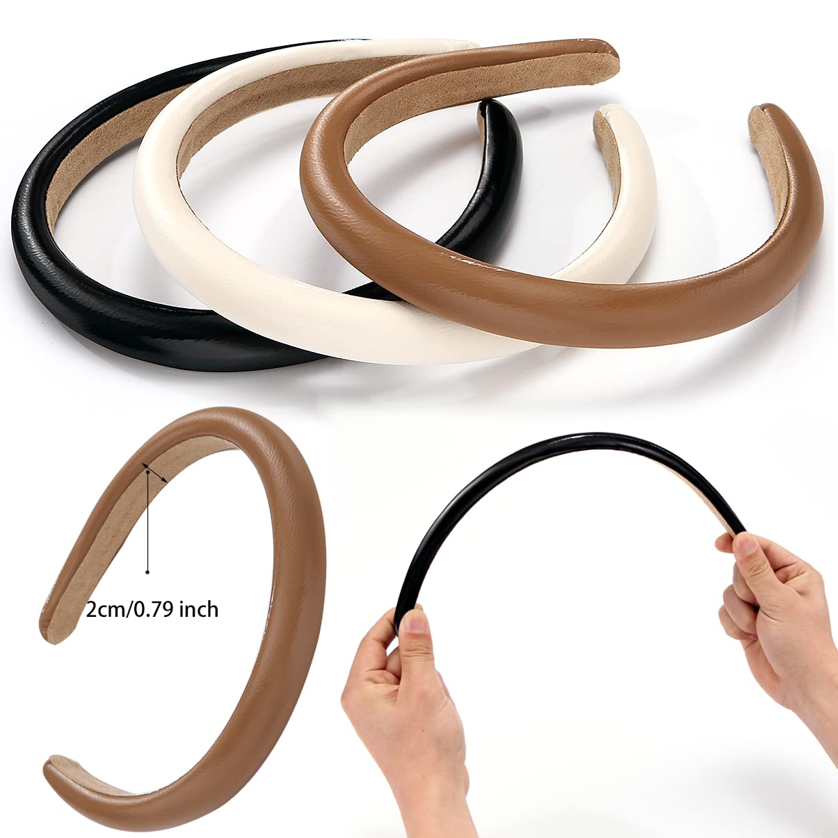 NARUNING 3 Pcs Padded Headbands for Women, Solid Color Leather Headbands, Fashion Headwear, Girls Women Hair Accessories (Black + white + brown)