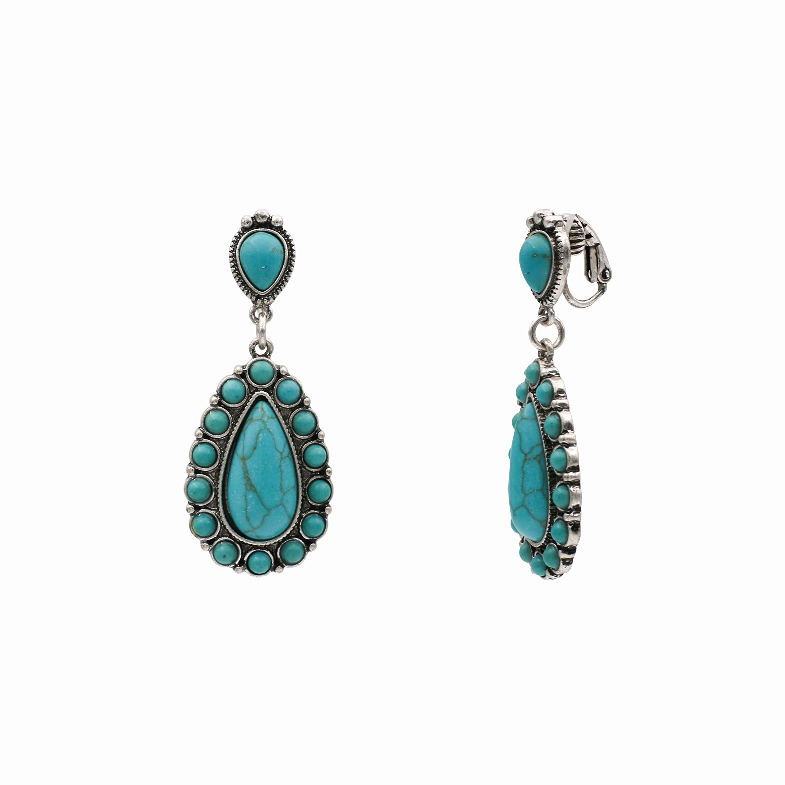 Turquoise Stone Teardrop Double Drop Clip On Earrings