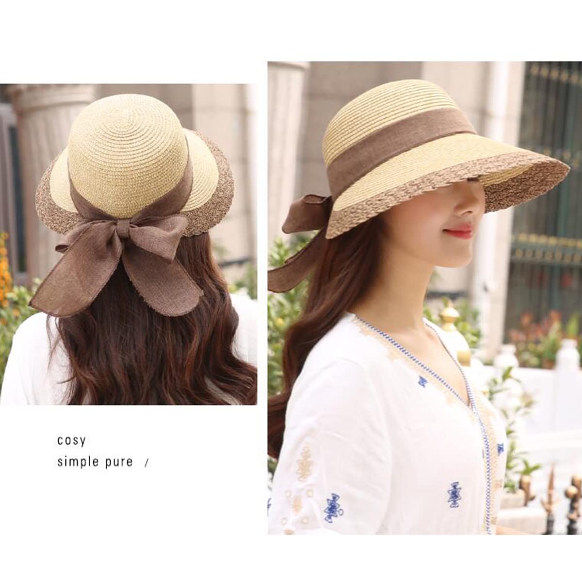 Straw Sun Hats for Women Beach Summer Wide Brim Adjustable Lightweight Foldable/Packable Travel with Uv Upf50 Protection Khaki