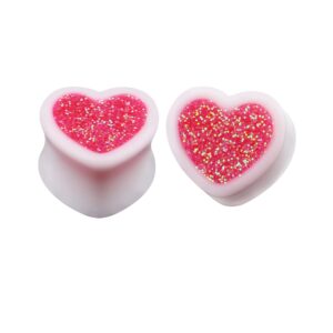 awinrel pair of ear gauges pink glitters heart shape womens saddle plugs white acrylic tunnel stretching expander piercing jewelry (gauge:7/8" (22mm))