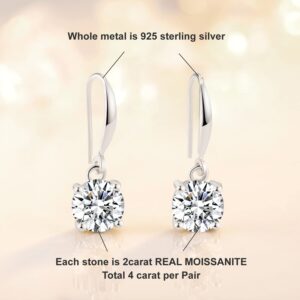 2-4CT Moissanite Dangle Earrings, 4P DF Color Ideal Cut Simulated Diamond 925 Sterling Silver Earrings for Women with Certificate of Authenticity (4CT)