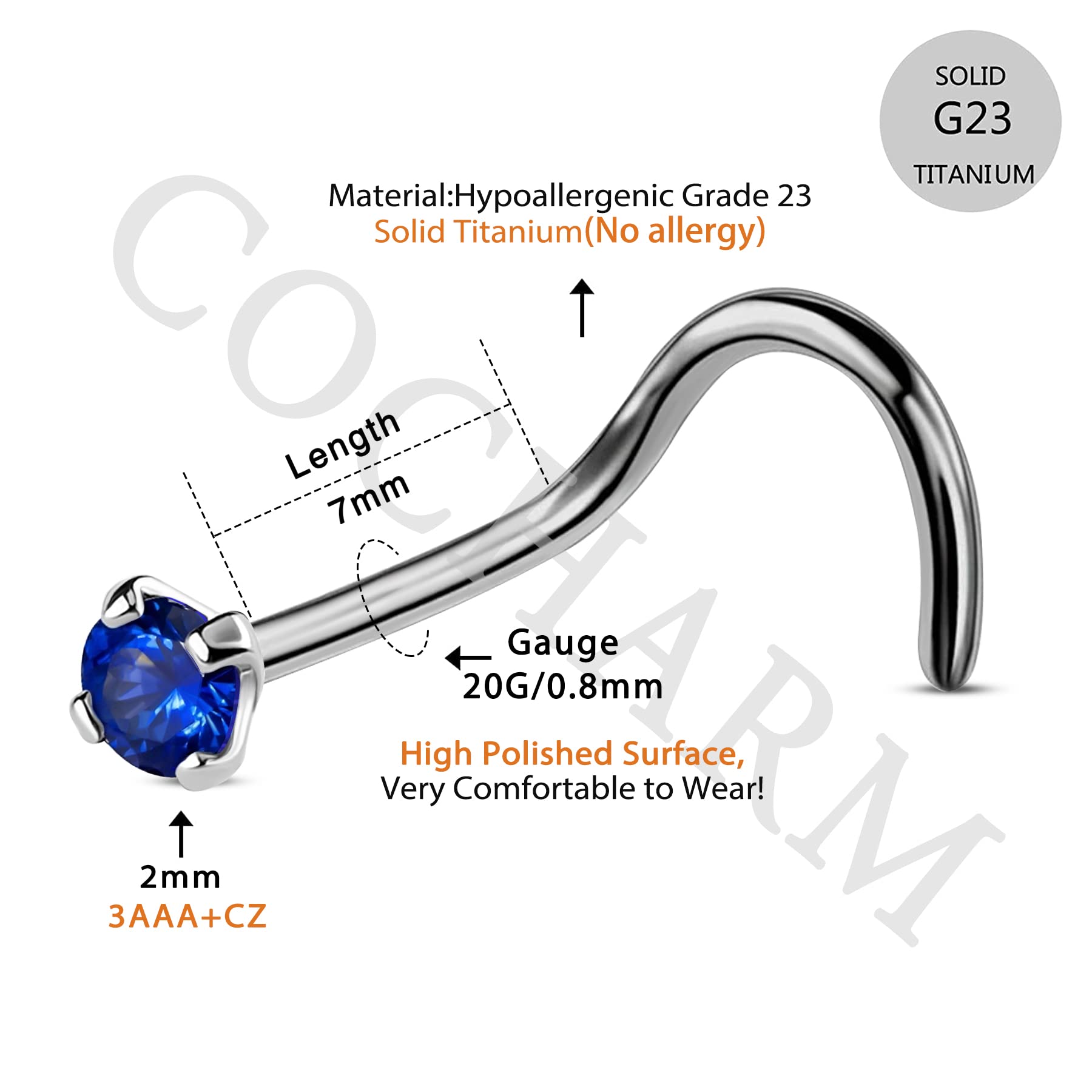 COCHARM 20G G23 Titanium Blue Screw Nose Studs Ring S-Shaped Diamond Cubic Zirconia Nose Bone Piercing Jewelry