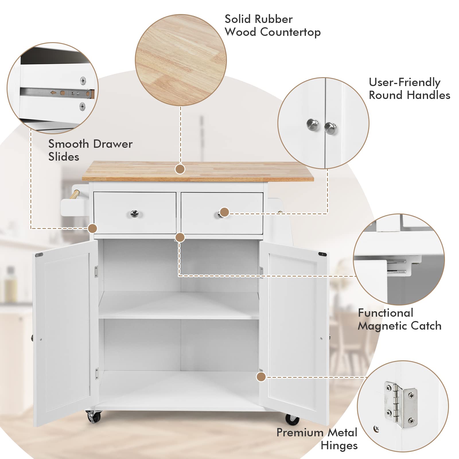 COSTWAY Kitchen Island on Wheels, Utility Trolley Cart with Adjustable Shelf, 2 Drawers, 3-Tier Spice Rack, Towel Rack, 2-Door Cabinet, Rubber Wood Countertop, Lockable Casters for Dining Room (White)