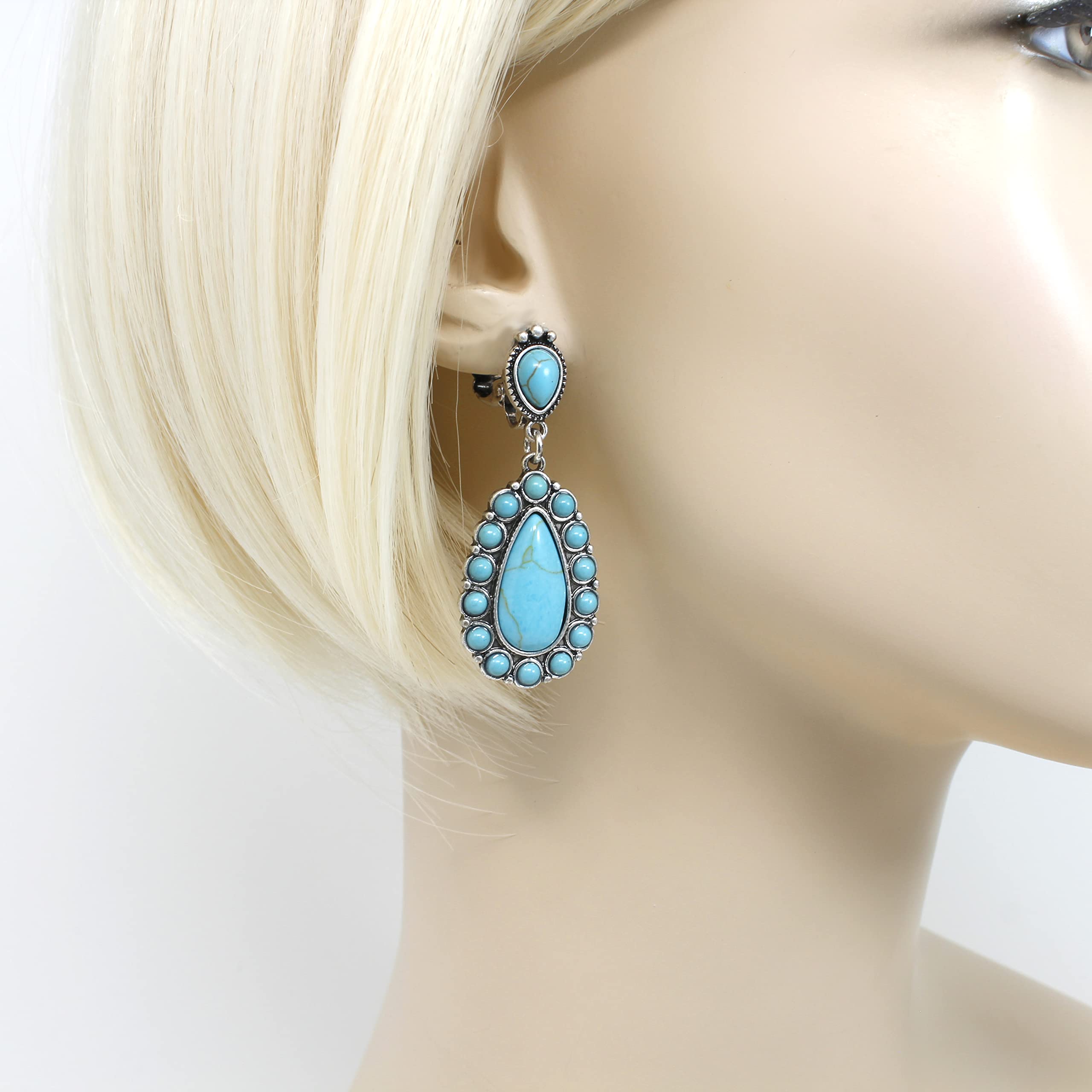 Turquoise Stone Teardrop Double Drop Clip On Earrings