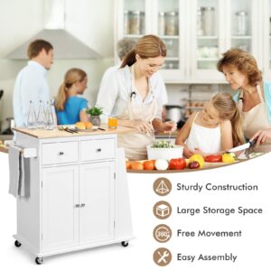 COSTWAY Kitchen Island on Wheels, Utility Trolley Cart with Adjustable Shelf, 2 Drawers, 3-Tier Spice Rack, Towel Rack, 2-Door Cabinet, Rubber Wood Countertop, Lockable Casters for Dining Room (White)