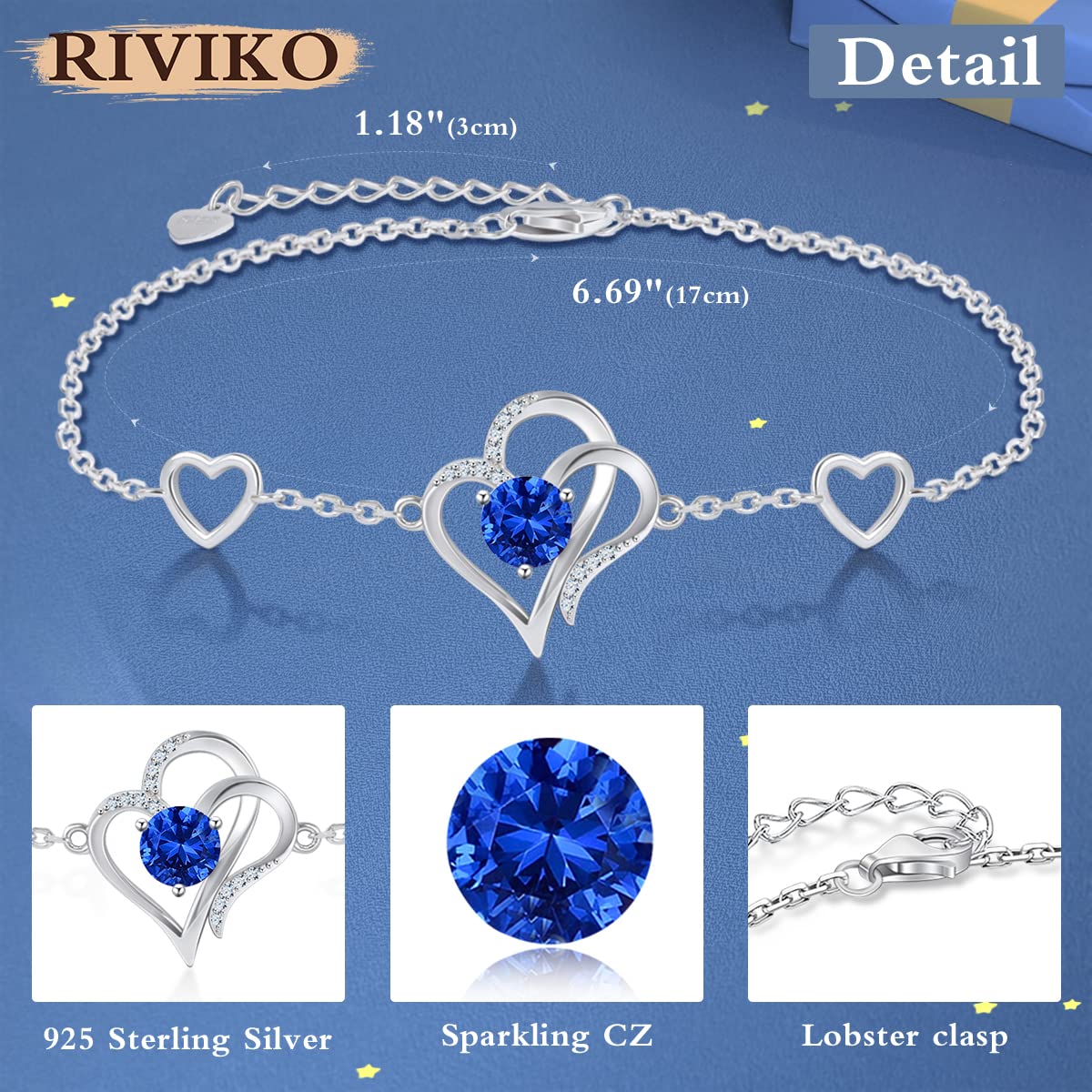 RIVIKO Love Heart Charm Bracelet For Women 925 Sterling Silver With Zirconia Birthstone Bracelets Adjustable Link for Mother Wife Girls Sister Birthday Christmas Mother's Day Jewelry Gift, Sterling