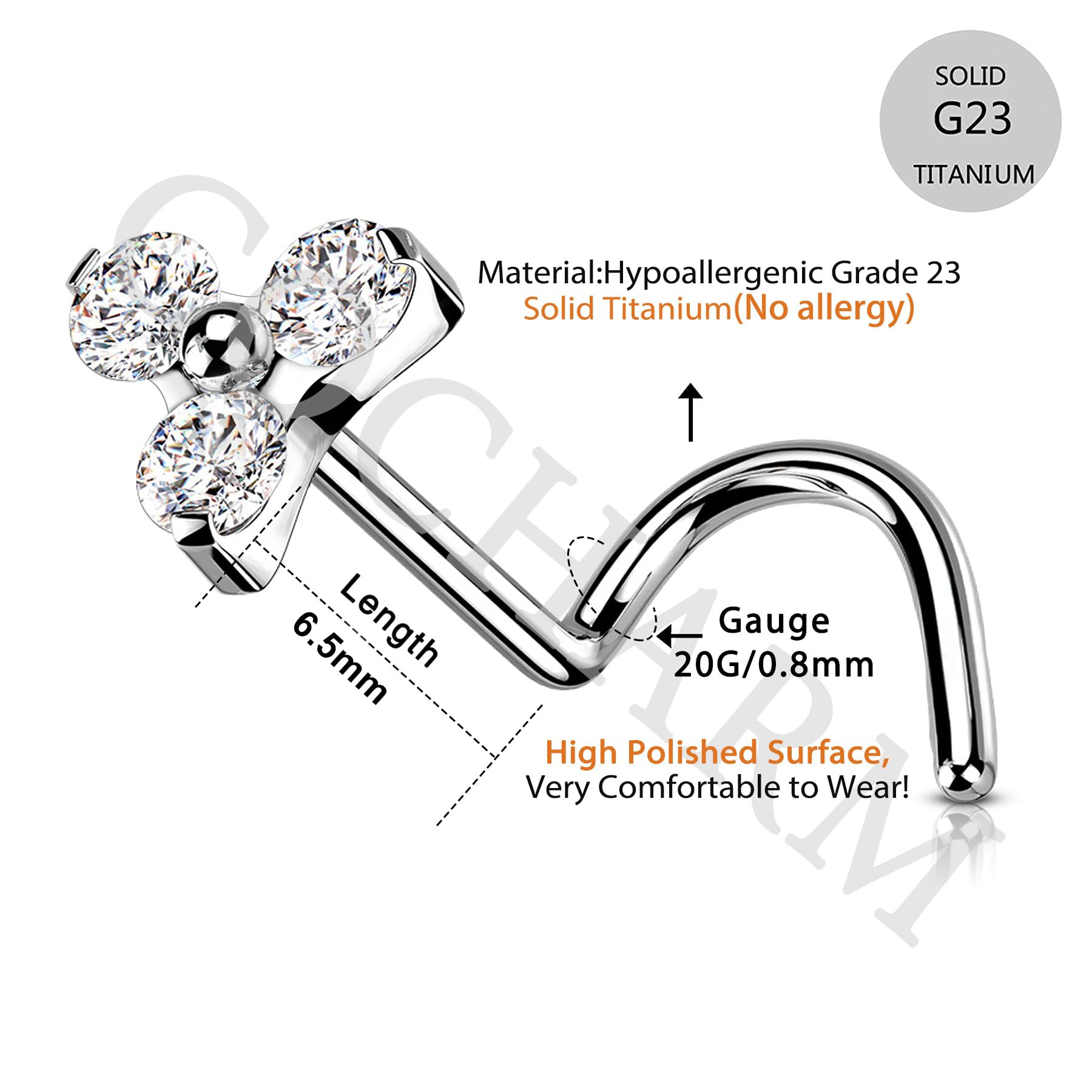 COCHARM 20G Grade 23 (G23) Titanium Screw Nose Studs Ring S-Shaped Diamond Cubic Zirconia Flower Bone Piercing Jewelry