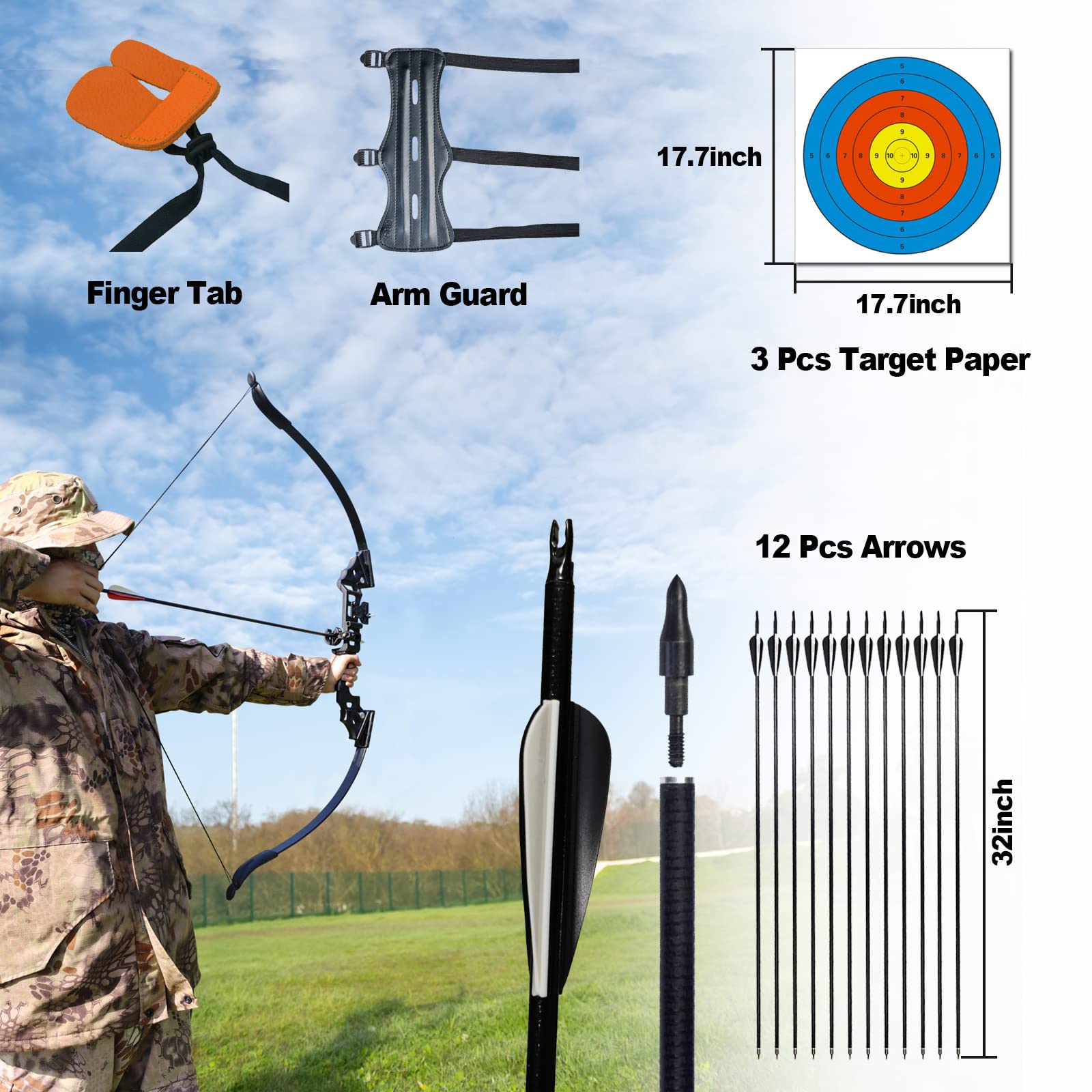 IS-TONGTU Archery Bow Set Recurve Bow and Arrow Adult Set 51" Training Bow Takedown 30 40 50lb Long Bows for Hunting Adult Beginner with 12 Arrows