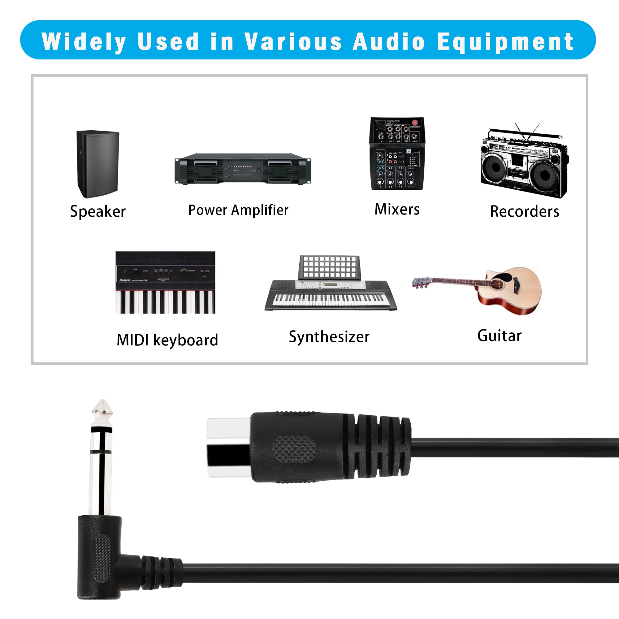 PNGKNYOCN 1/4 Inch to DIN 5 Pin Cable 90 Degree 6.35mm Male to MIDI 5Pin Male TRS Stereo Audio Cable for Speaker, Amplifier, Mixe, MIDI Keyboard etc (20 cm)