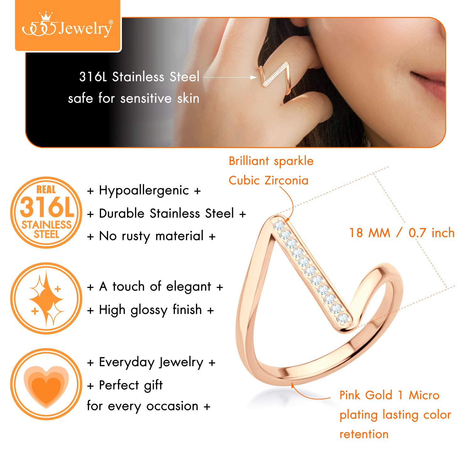 555Jewelry Elegant Stainless Steel CZ Rings for women, High Low Ring for Women, CZ Rings For Women, Zig Zag Rings for Women, Z Rings for Ladies, Rose Gold, Size 9