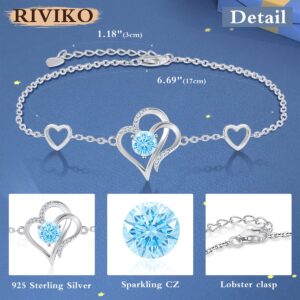 RIVIKO Love Heart Charm Bracelet For Women 925 Sterling Silver With Zirconia Birthstone Bracelets Adjustable Link for Mother Wife Girls Sister Birthday Christmas Mother's Day Jewelry Gift, Sterling