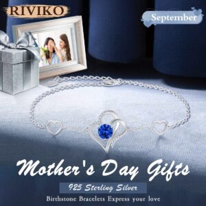 RIVIKO Love Heart Charm Bracelet For Women 925 Sterling Silver With Zirconia Birthstone Bracelets Adjustable Link for Mother Wife Girls Sister Birthday Christmas Mother's Day Jewelry Gift, Sterling