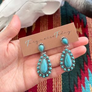 Turquoise Stone Teardrop Double Drop Clip On Earrings