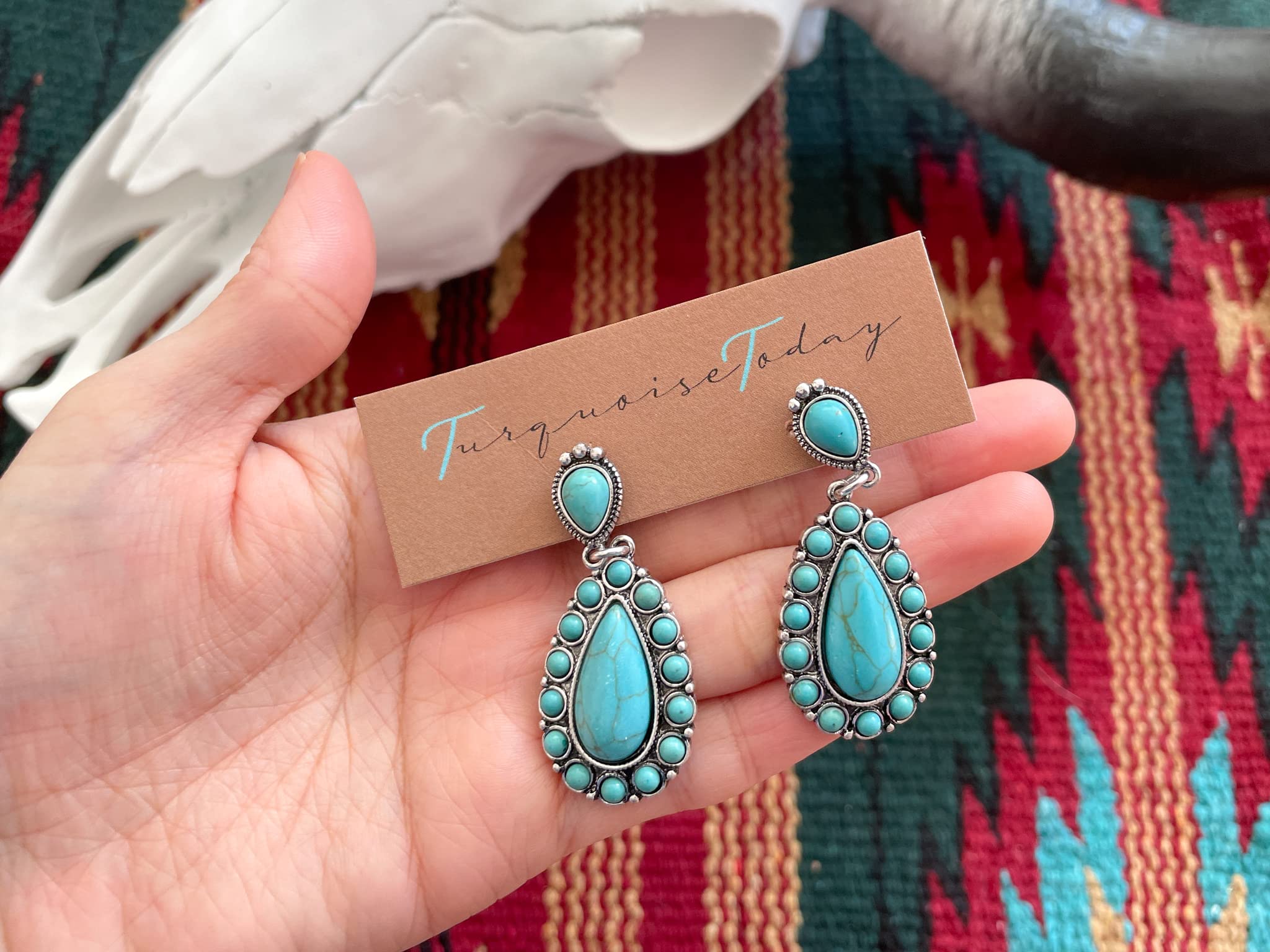 Turquoise Stone Teardrop Double Drop Clip On Earrings