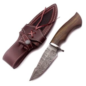 WolfKlinge 10" Handmade Damascus Steel Bowie Knife – Premium Drop Point Blade for Hunting, Survival, Camping, Skinning, and Bushcraft – Full Tang Walnut Wood Handle with Cowhide Leather Sheath (DCX 22-05)