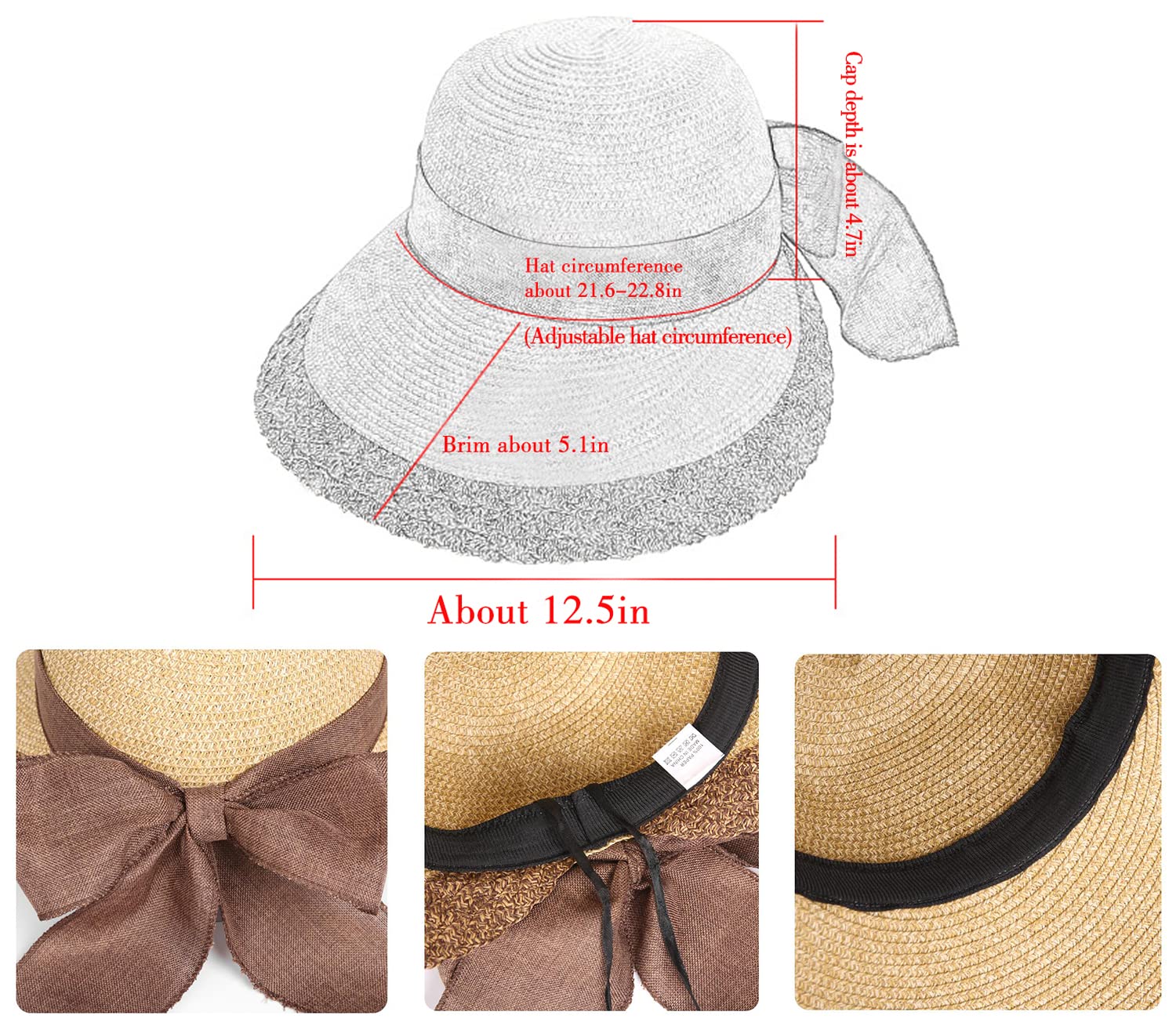 Straw Sun Hats for Women Beach Summer Wide Brim Adjustable Lightweight Foldable/Packable Travel with Uv Upf50 Protection Khaki