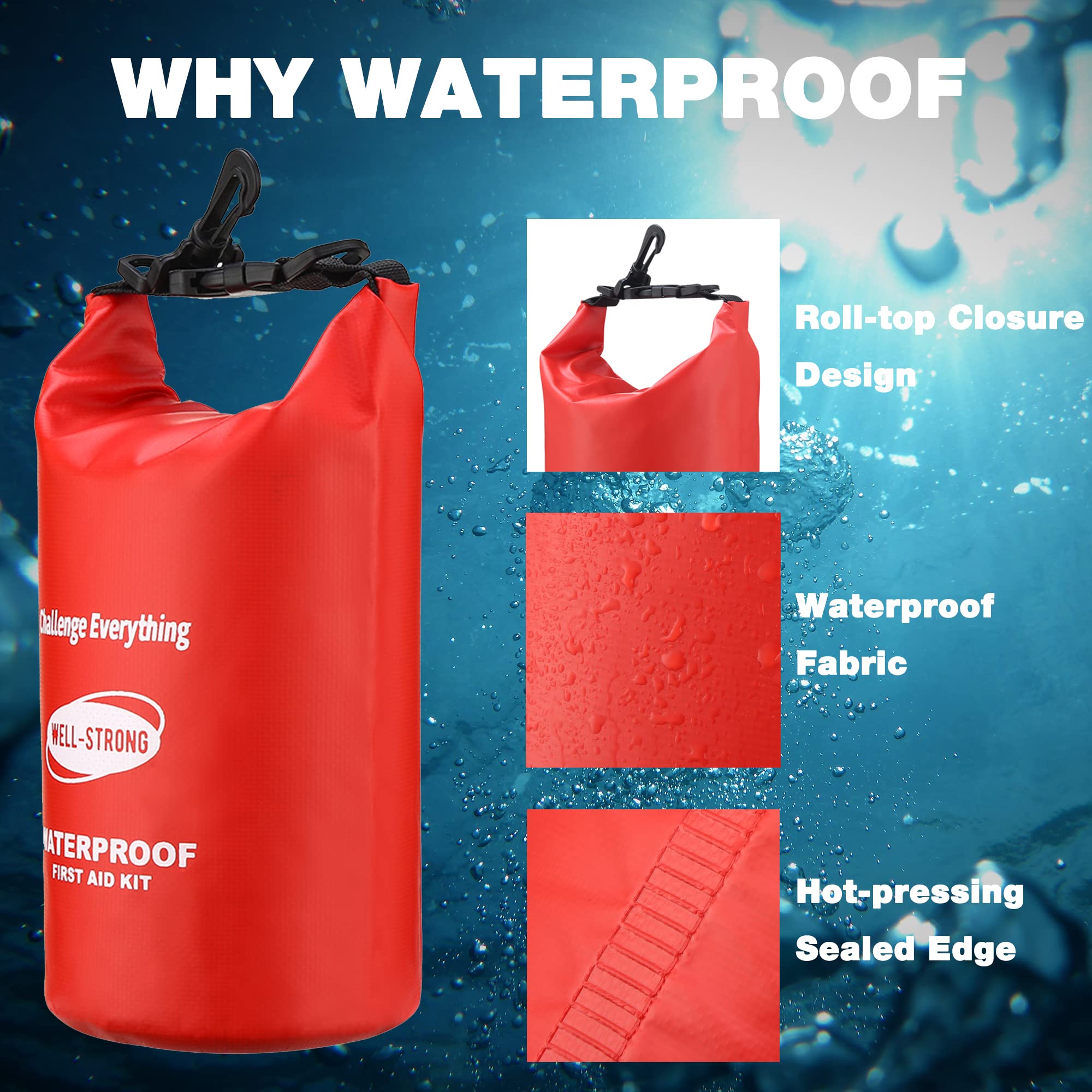 WELL-STRONG Dual Waterproof First Aid Kit Boat Emergency Kit with Buckles for Fishing Kayaking Boating Swimming Camping Rafting Beach Red