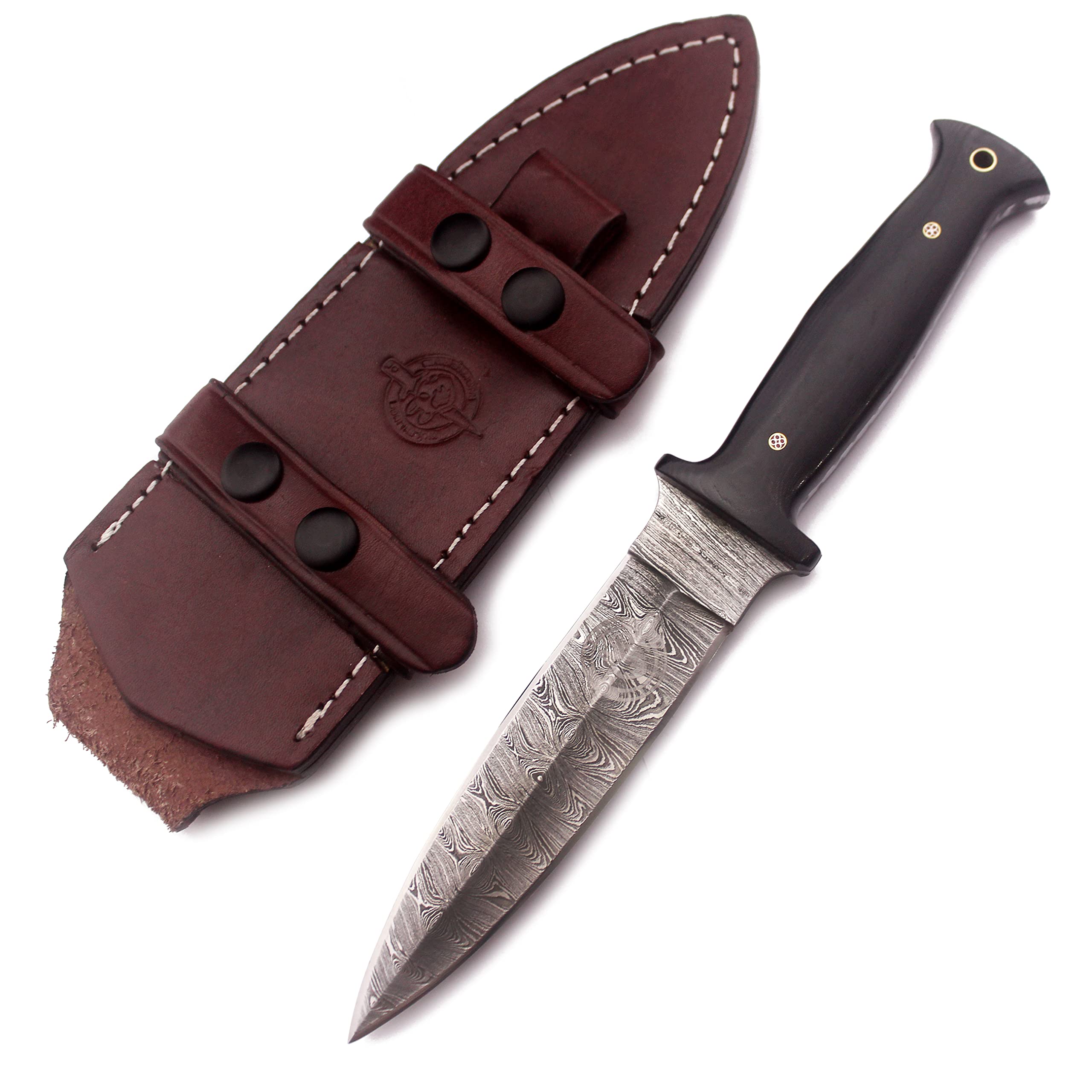 WolfKlinge Handmade Damascus Steel Dagger – Ideal for EDC, Hunting, Survival, Camping, and Fishing. Features a Fixed Spear Point Blade, Full Tang Micarta Handle, and Cowhide Leather Sheath-DCX22-59