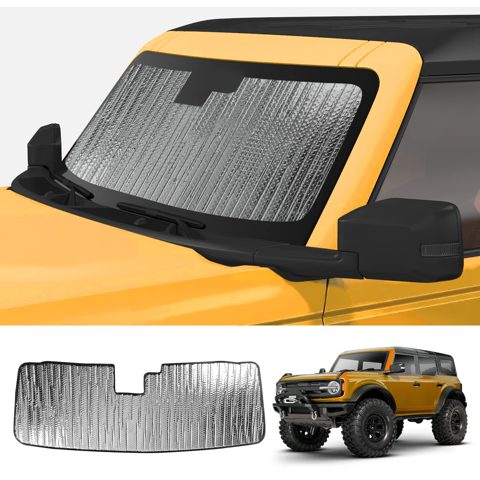 Mabett Windshield Sun Shade for Ford Bronco Accessories 2021 2022 2023, Insulated and Sun Protection by Sun Visor for Bronco 2/4-Door (Silver)