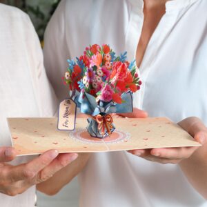 Paper Love 3D Flower Bouquet Pop Up Mothers Day Card, For Mom, Wife - 5" x 7" Cover - Includes Envelope and Note Tag