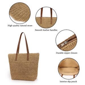 Womens Large Straw Beach Tote Bag Handmade Woven Shoulder Bag Handbag Purse for Summer (Brown)