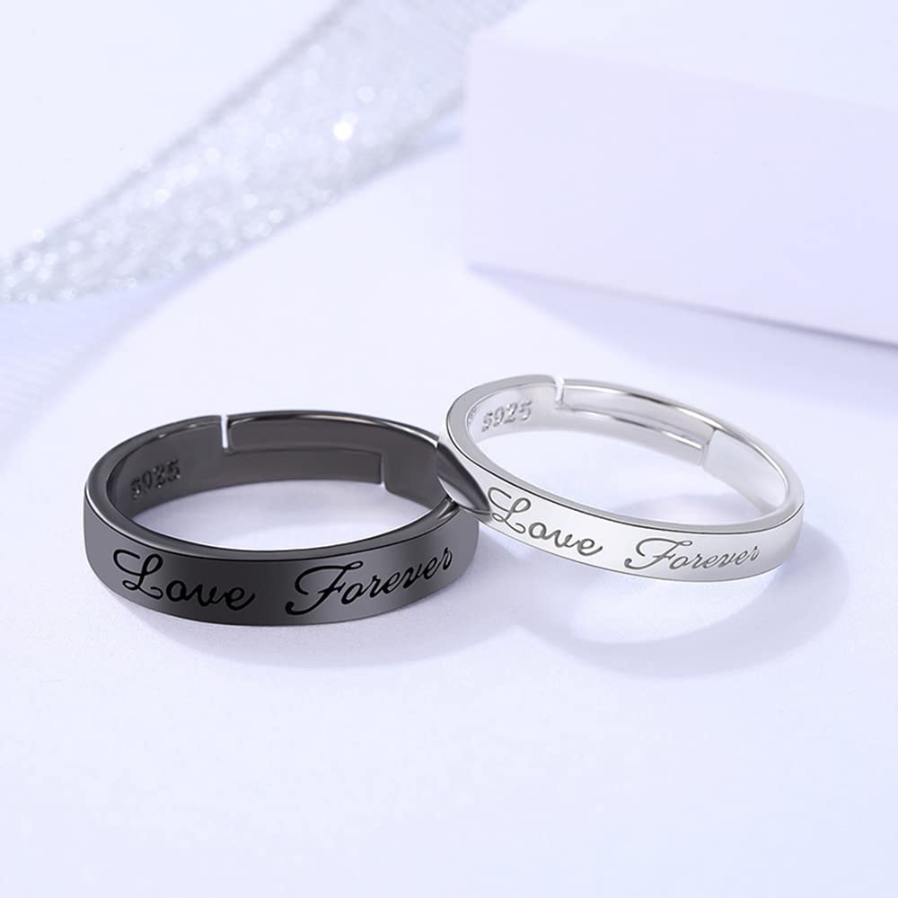 Matching Promise Rings for Couples Love Forever Wedding Bands Sets for Him and Her Black White Sterling Silver Plated Open Adjustable Stackable Ring Inspirational Jewelry Eternity Promise Engagement