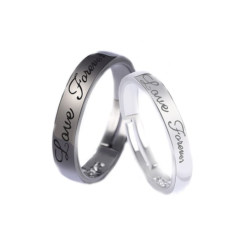 Matching Promise Rings for Couples Love Forever Wedding Bands Sets for Him and Her Black White Sterling Silver Plated Open Adjustable Stackable Ring Inspirational Jewelry Eternity Promise Engagement