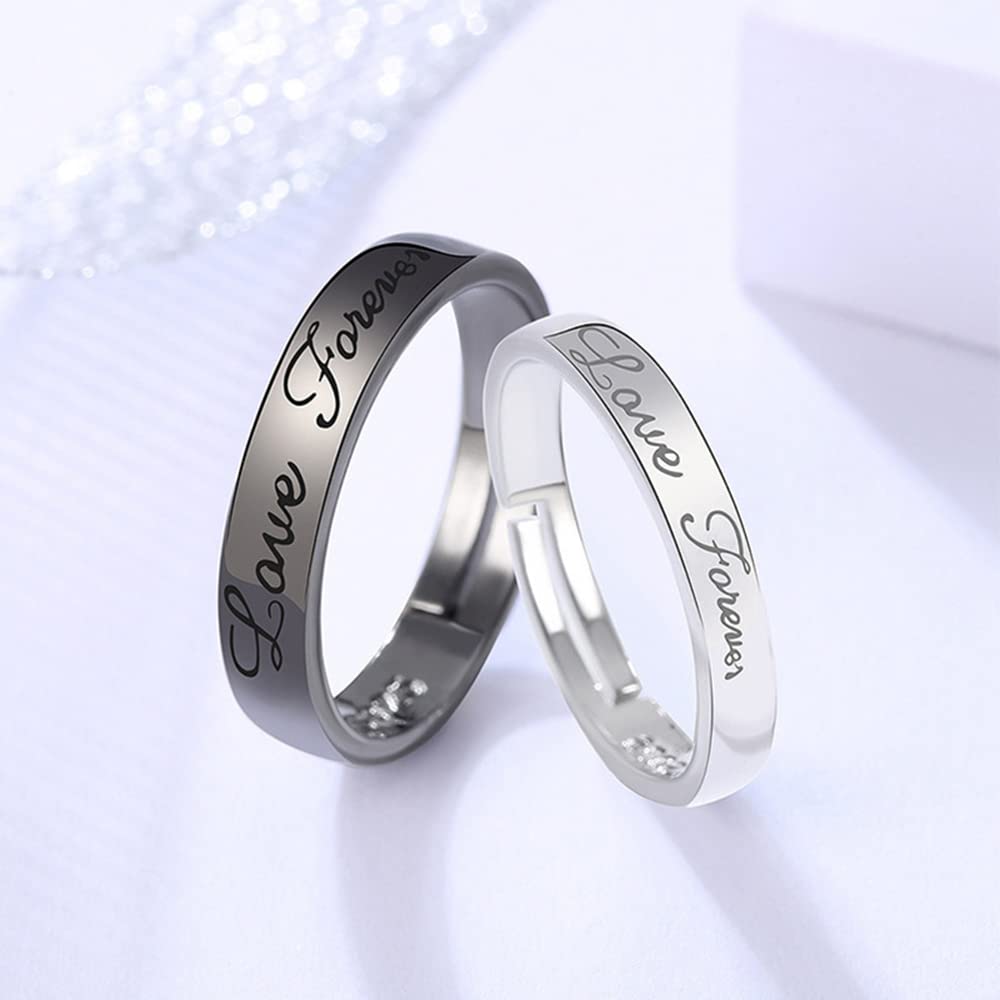 Matching Promise Rings for Couples Love Forever Wedding Bands Sets for Him and Her Black White Sterling Silver Plated Open Adjustable Stackable Ring Inspirational Jewelry Eternity Promise Engagement