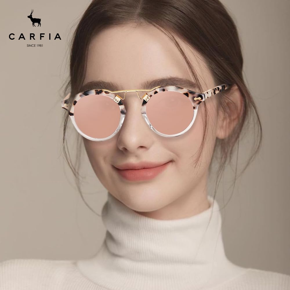 CARFIA Small Pink Mirrored Polarized Sunglasses for Women UV Protection, Acetate Eyewear Double Bridge Metal Brow Sunnies