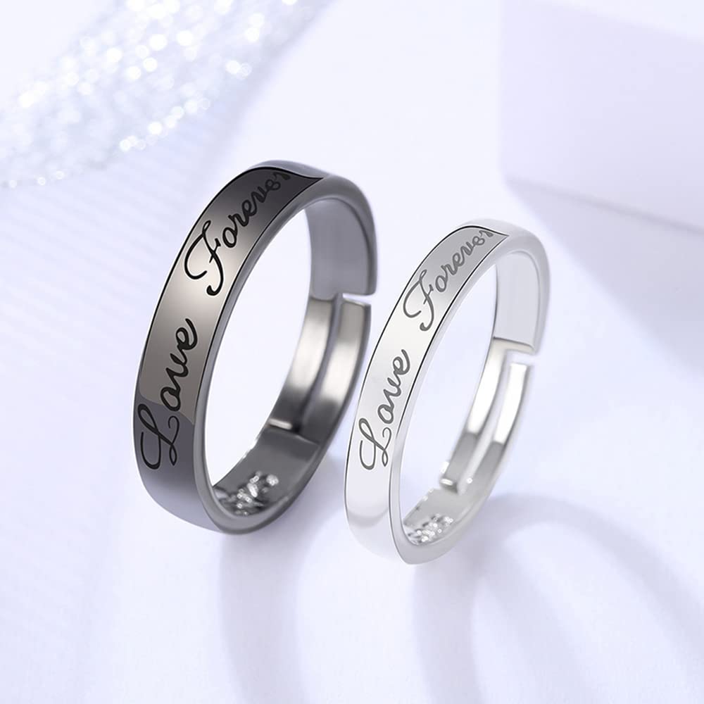 Matching Promise Rings for Couples Love Forever Wedding Bands Sets for Him and Her Black White Sterling Silver Plated Open Adjustable Stackable Ring Inspirational Jewelry Eternity Promise Engagement