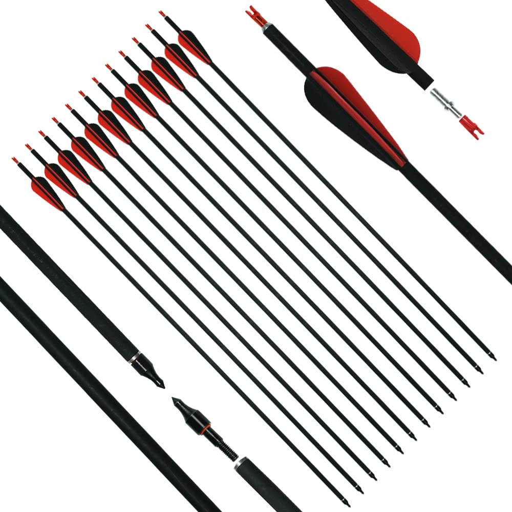 longbowmaker 12pcs Archery Carbon Arrows 31In Target Practice Hunting Arrows with Removable Nock & Tips Points for Recurve Bow (Black&red-12pcs)