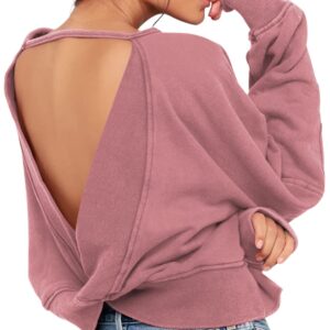 ReachMe Womens Open Back Sweatshirts Crop Backless Long Sleeve Shirts Off the Shoulder Crewneck Workout Tops(Nude,M)