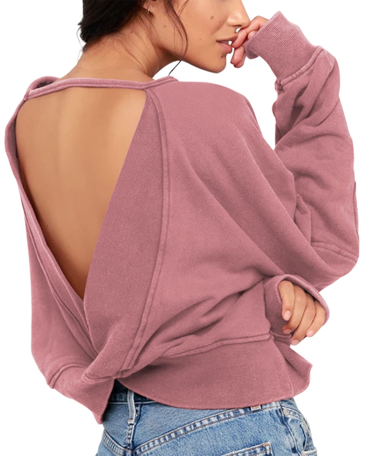 ReachMe Womens Open Back Sweatshirts Crop Backless Long Sleeve Shirts Off the Shoulder Crewneck Workout Tops(Nude,M)